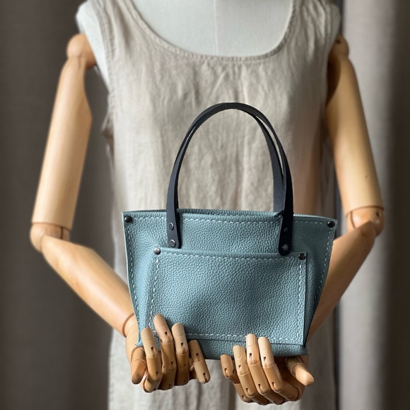 Handmade Mini Sea Foam Blue Leather Tote Bag - Picture 9 of 13